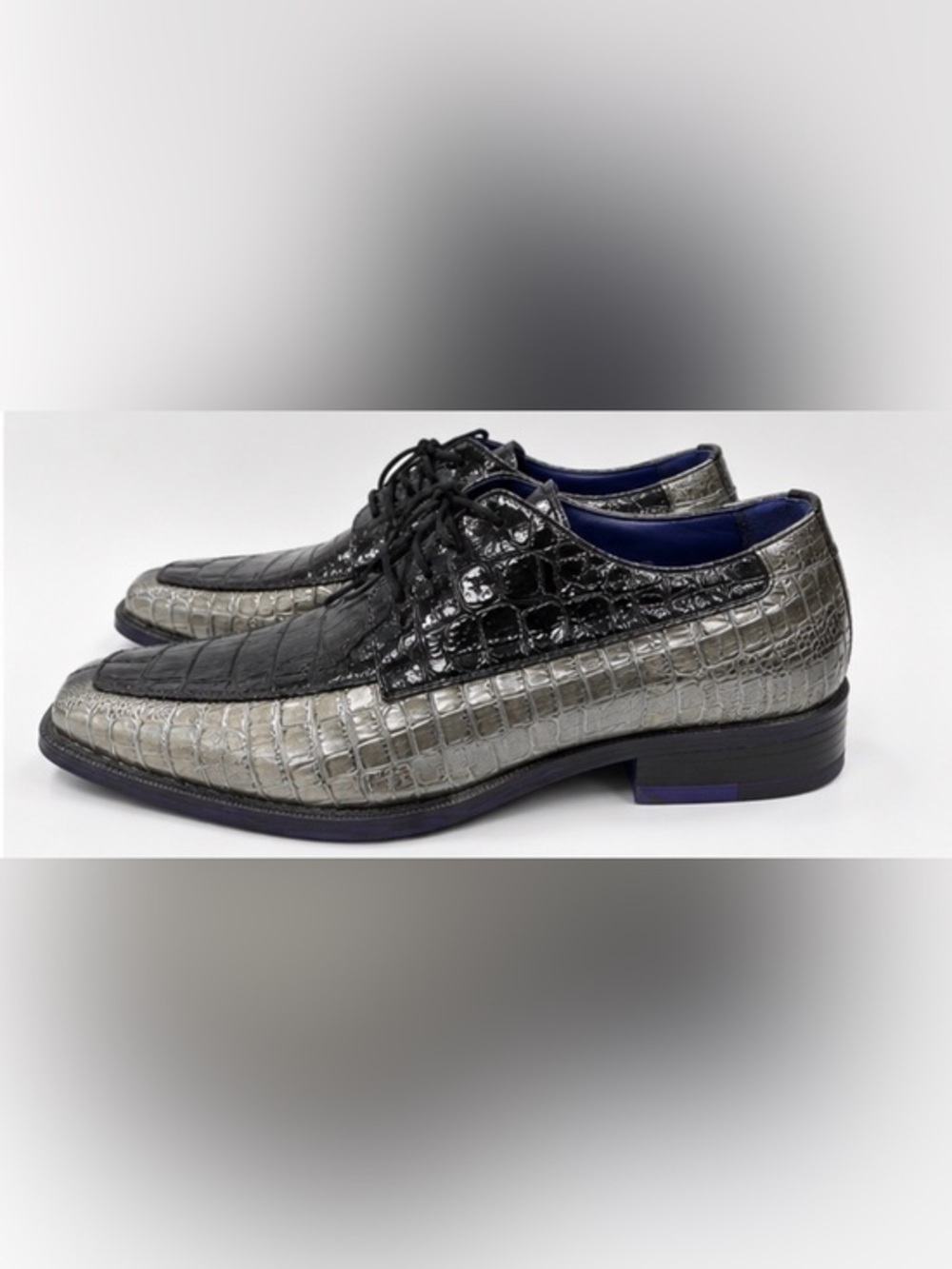 Roberto Chillini Croc-Embossed Leather Dress Shoes - Black & Silver Size 11